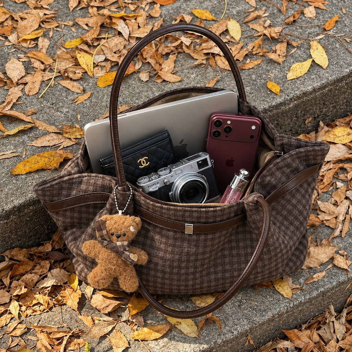 Oursette Teddy Charm Check Tote Bag - Mocha Brown - packed with laptop and camera on autumn steps