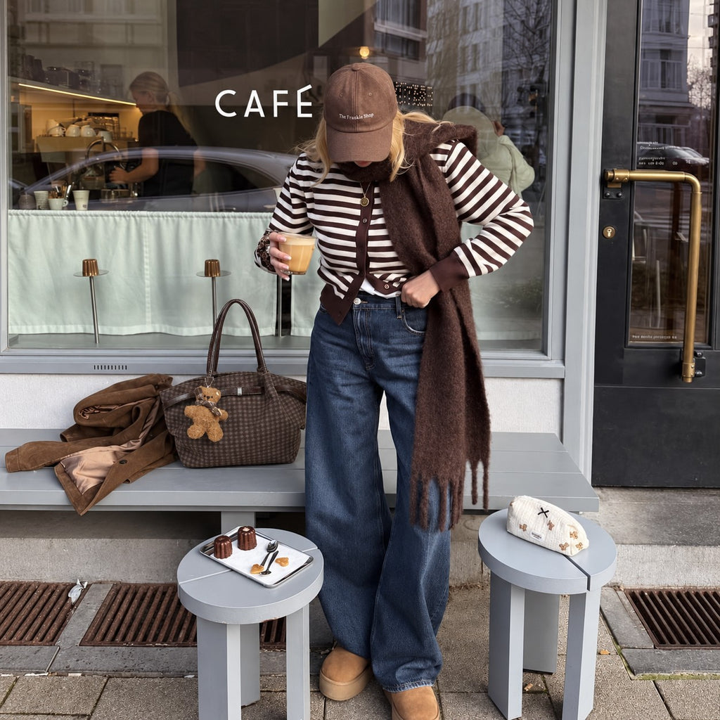 Oursette Teddy Charm Check Tote Bag - Mocha Brown - worn outside a cafe