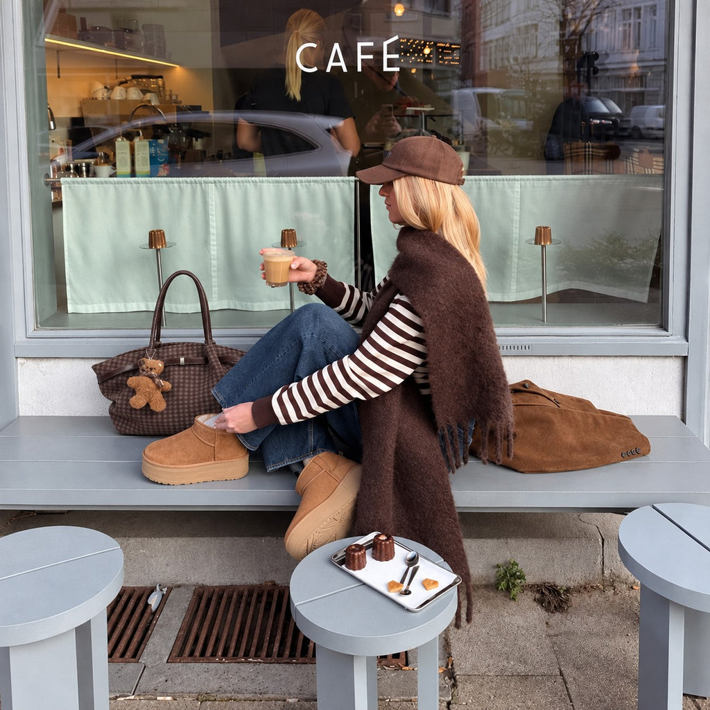 Oursette Teddy Charm Check Tote Bag - Mocha Brown - on a cafe bench
