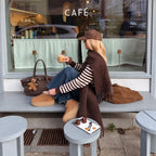 Oursette Teddy Charm Check Tote Bag - Mocha Brown - on a cafe bench