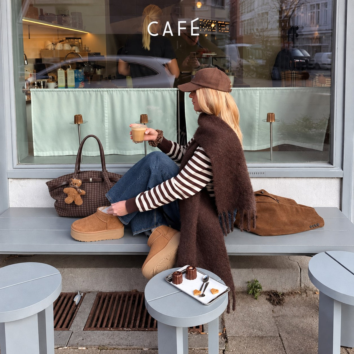 Oursette Teddy Charm Check Tote Bag - Mocha Brown - on a cafe bench