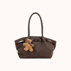Oursette Teddy Charm Check Tote Bag - Mocha Brown - front view