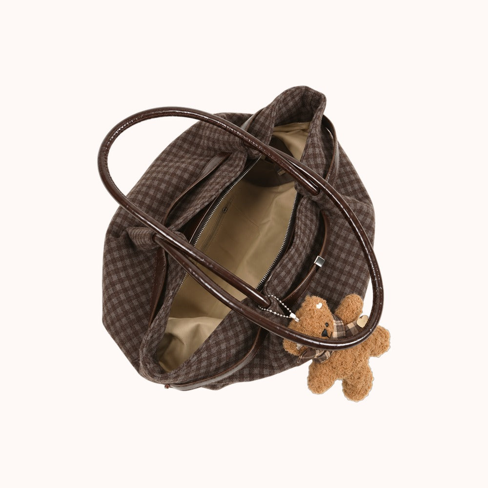 Oursette Teddy Charm Check Tote Bag - Mocha Brown - open zip top and lining