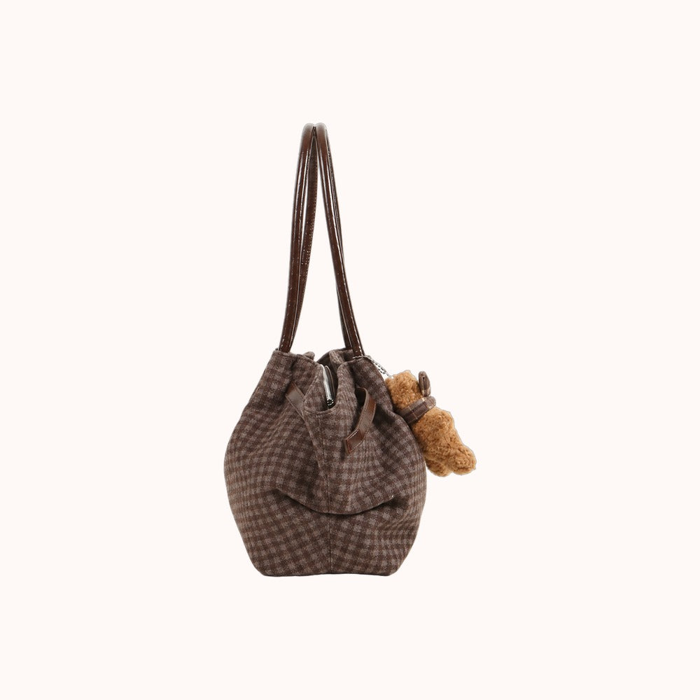 Oursette Teddy Charm Check Tote Bag - Mocha Brown - side view