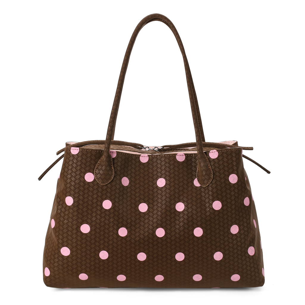 Pralinette Polka Dot Vegan Leather Shoulder Bag - front view in Brown