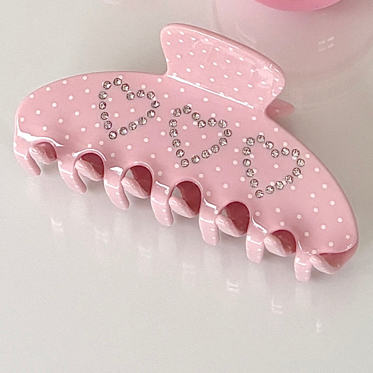 Strassina Polka Dot Rhinestone Hair Claw Clip - close-up of rhinestone hearts