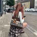 Tartinette Lace-Trim Plaid Tote Bag - Cocoa Plaid - carried with a plaid skirt