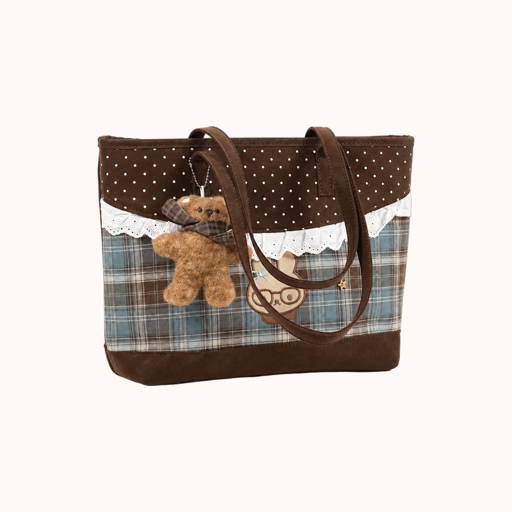 Tartinette Lace-Trim Plaid Tote Bag - Cocoa Plaid - three-quarter view
