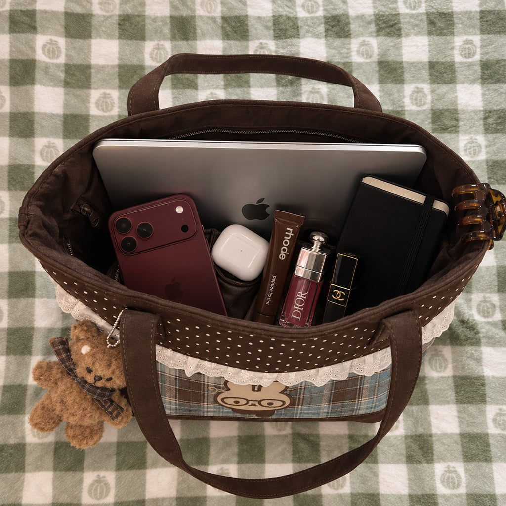 Tartinette Lace-Trim Plaid Tote Bag - Cocoa Plaid - fits a laptop, phone, notebook and everyday essentials