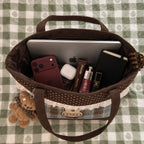 Tartinette Lace-Trim Plaid Tote Bag - Cocoa Plaid - fits a laptop, phone, notebook and everyday essentials
