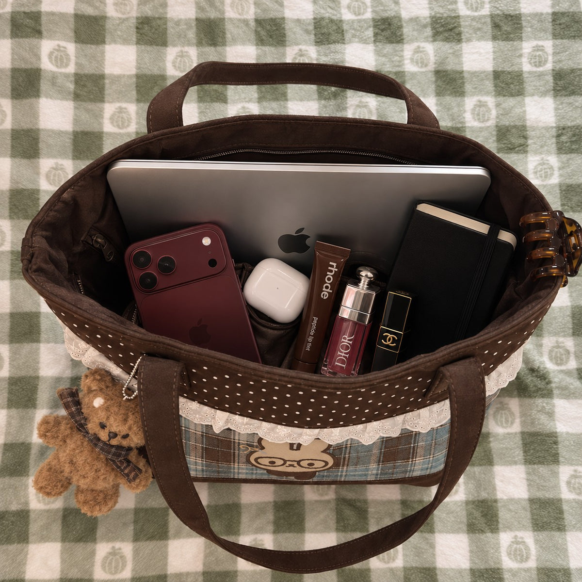 Tartinette Lace-Trim Plaid Tote Bag - Cocoa Plaid - fits a laptop, phone, notebook and everyday essentials
