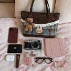 Tartinette Lace-Trim Plaid Tote Bag - Cocoa Plaid - with everyday essentials flat lay