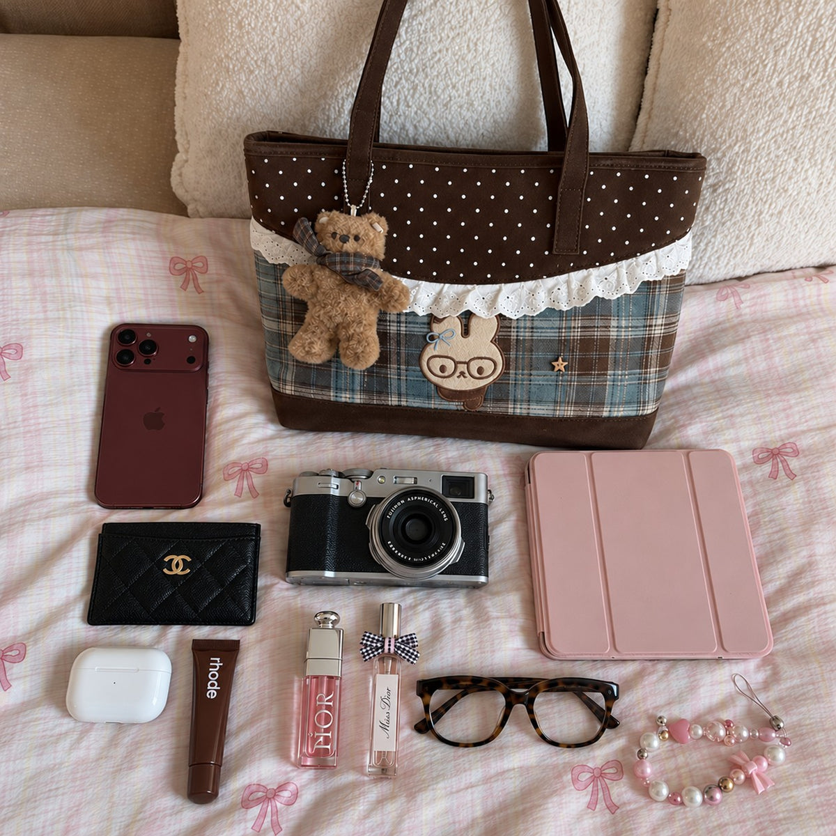 Tartinette Lace-Trim Plaid Tote Bag - Cocoa Plaid - with everyday essentials flat lay