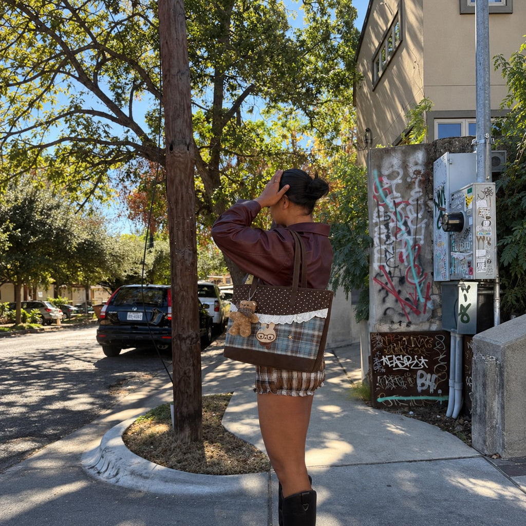Tartinette Lace-Trim Plaid Tote Bag - Cocoa Plaid - on a sunny street