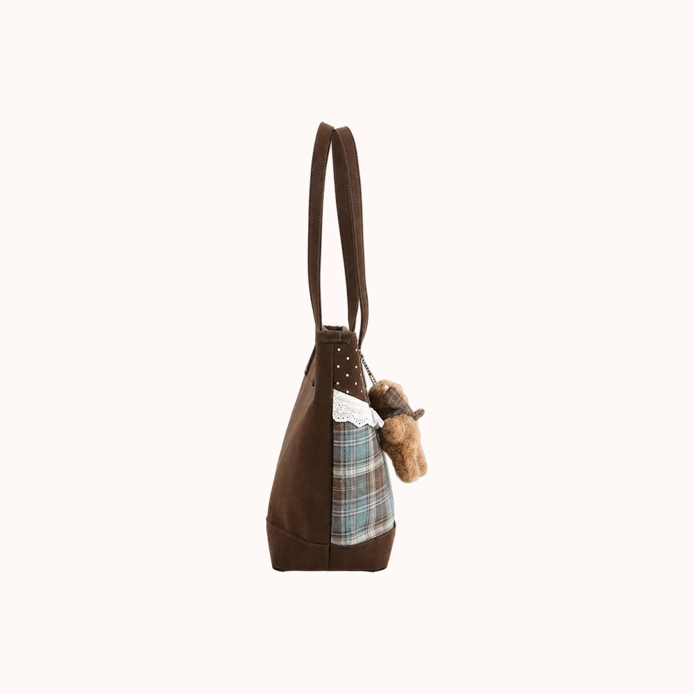 Tartinette Lace-Trim Plaid Tote Bag - Cocoa Plaid - side view