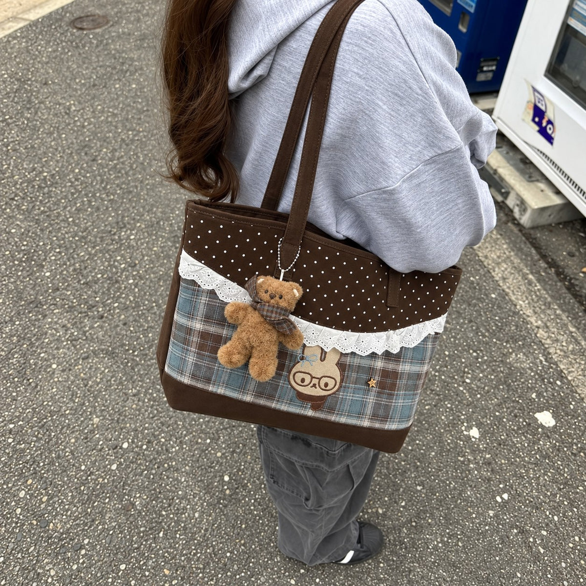 Tartinette Lace-Trim Plaid Tote Bag - Cocoa Plaid - carried with a grey hoodie