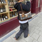 Tartinette Lace-Trim Plaid Tote Bag - Cocoa Plaid - outside a wine shop